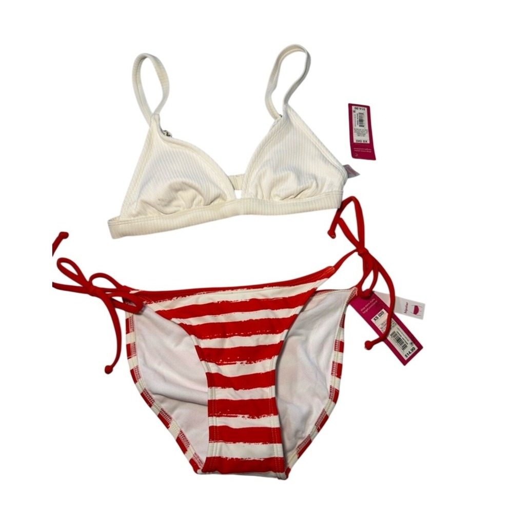 Xhilaration White‎ Ribbed Triangle Top Red White Striped Side Tie Bikini Set XS - Picture 4 of 12